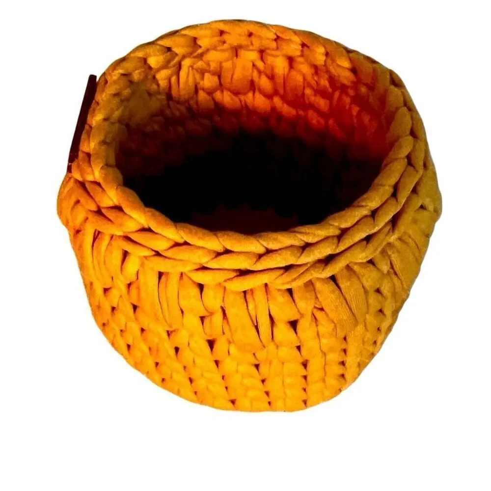Small Crochet Basket, Eco Storage Basket, Handmade Golden Yellow Wood Bottom